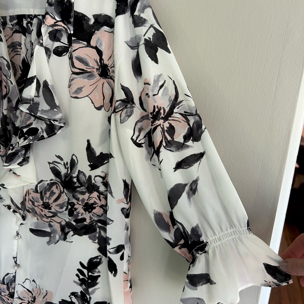 KARL LAGERFELD Edwardian Floral Romantic Poet Ruffle 3/4 Sleeve Blouse Top Sz M - Picture 9 of 15